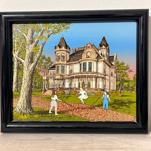 H. Hargrove Signed Painting Serigraph Victorian house girls playing
